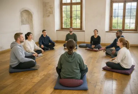 meditative Gruppe, Zazen, Neigong (KI generiertes Bild)