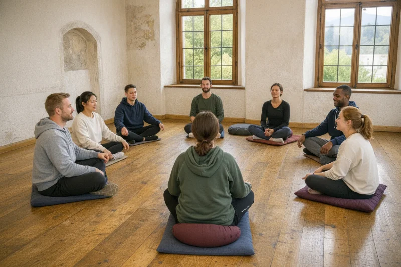 meditative Gruppe, Zazen, Neigong (KI generiertes Bild)