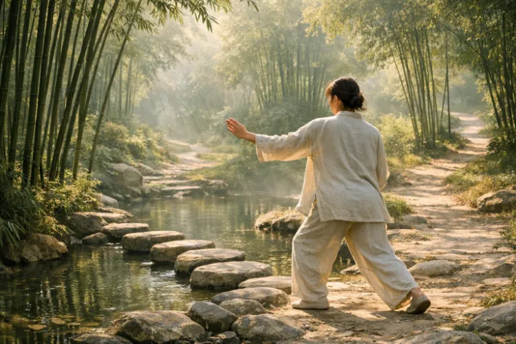 Qigong in herbstlicher allgäuer Landschaft (KI generiert)