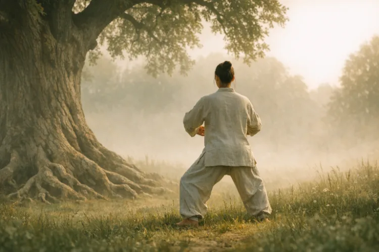 Qigong in herbstlicher allgäuer Landschaft (KI generiert)