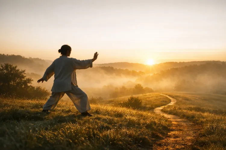 Qigong in herbstlicher allgäuer Landschaft (KI generiert)